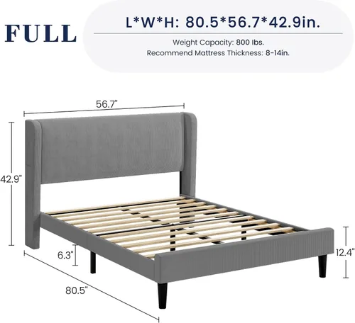 Vista 2 de Base de cama de tamaño matrimonial con cabecera tapizada, base de cama de plataforma de madera con 2 bolsillos de almacenamiento, respaldo de ala