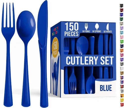 Vista 14 de Party Solids Cubiertos de plástico negro resistente, 150 piezas, cubiertos desechables negros, juegos de utensilios, 50 de cada tenedor, cuchillos