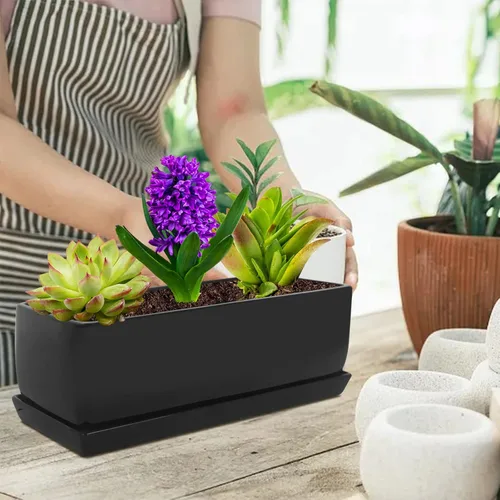 Vista 6 de Vencer Maceta rectangular moderna minimalista de cerámica para suculentas de 14 pulgadas, caja con ventana con platillo, soporte de escritorio