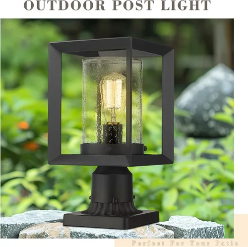 Vista 4 de Emliviar Luces de Poste Accesorio para Exteriores, Farol de Poste de 1 Luz, Acabado Negro, Vidrio Granulado, 2083P BK