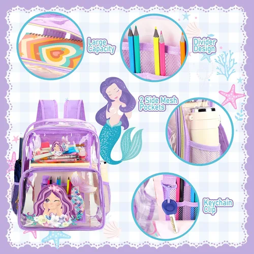 Vista 5 de Kacctyen Mochila transparente de 3 piezas, resistente y transparente, con bolsa de almuerzo, Púrpura