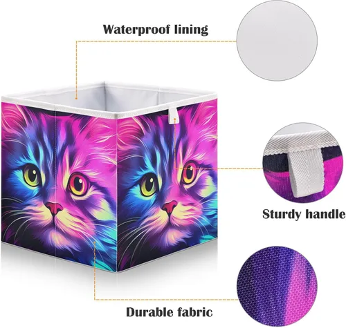 Vista 4 de Vnurnrn Cubo de almacenamiento plegable con impresión de gato morado brillante, cestas organizadoras con tablero de soporte para armario de estante