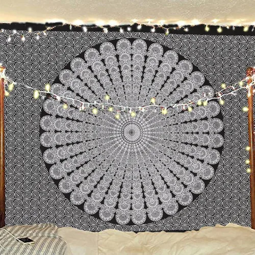 Vista 17 de Tapiz hippie indio bohemio psicodélico dorado azul pavo real mandala colgante en la pared (negro blanco, Queen (84 x 90 pulgadas) (84.6 x 90.6 in)