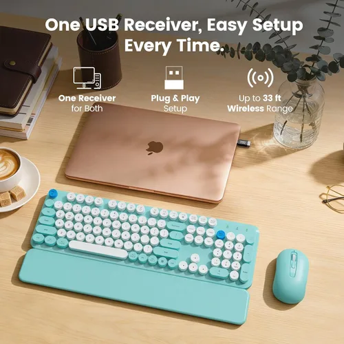 Vista 7 de Combo de teclado y mouse inalámbricos con reposamuñecas magnético, teclas redondas, teclado retro de tamaño completo, patas inclinables de dos Azul