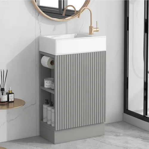 Vista 7 de LUMISOL Tocador de baño pequeño de 18.6 pulgadas con fregadero de cerámica, tocador estrecho con soporte para papel higiénico y puerta de cierre Gris
