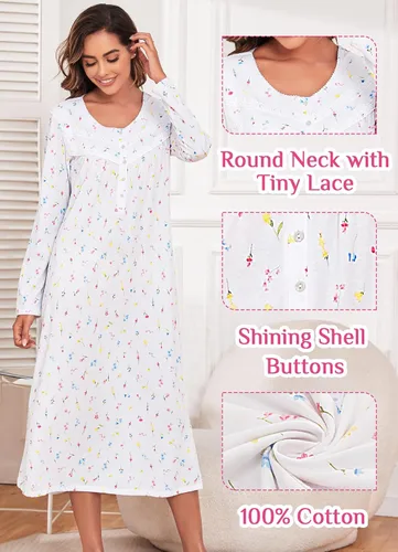Vista 2 de QRRLUEN Camisón largo de algodón para mujer, ropa de dormir de manga larga, vestido de noche suave y cómodo