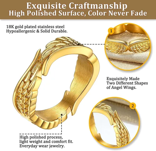 Vista 4 de Bestyle Anillos de ala de ángel antiguos para mujeres y hombres, anillos de banda de plumas de guardián, anillos de promesa de pareja