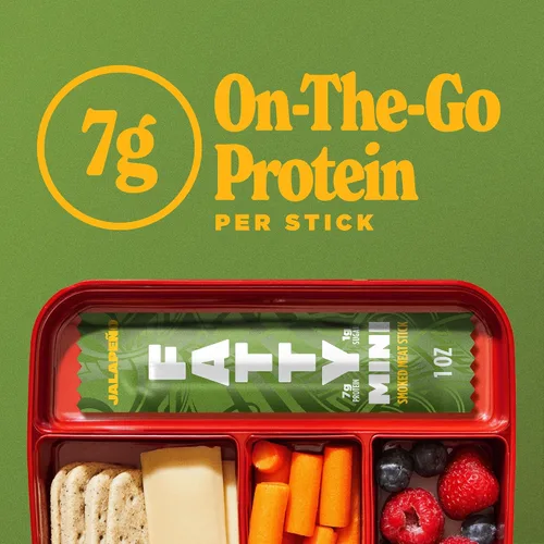 Vista 3 de FATTY Mini palitos de carne cecina, Jalapeño Minis, 1 oz. Tamaño de 0.27 oz de proteína por palo; hecho con carne de res alimentada con pasto, cerdo