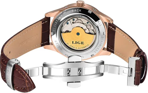 Vista 3 de LIGE Relojes mecánicos de lujo para hombre, reloj de pulsera automático de cuero blanco dorado