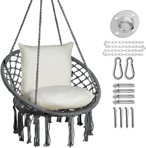 Vista 7 de JoyView Silla Hamaca de Macramé Colgante Máx. 330 Libras con 2 Cojines y Kits de Herrajes para Interior Exterior Dormitorio Patio Jardín - Beige