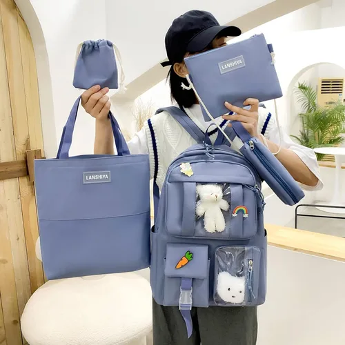 Vista 2 de Juego de 5 mochilas kawaii para niñas con bonitos accesorios de oso, suministros escolares, bolsas para bolígrafos, bolsa de hombro, azul (03-Blue)