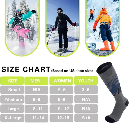 Vista 6 de 2 pares de calcetines de esquí para mujer y hombre, calcetines de clima frío para esquí, snowboard, calcetines cálidos de invierno hasta la rodilla