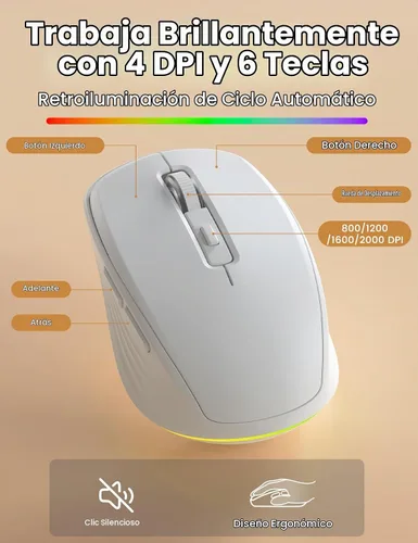 Vista 6 de Combo de teclado y mouse inalámbricos, 9 efectos retroiluminados, reposamuñecas, teclas de doble disparo, panel de metal, recargable de larga Blanco