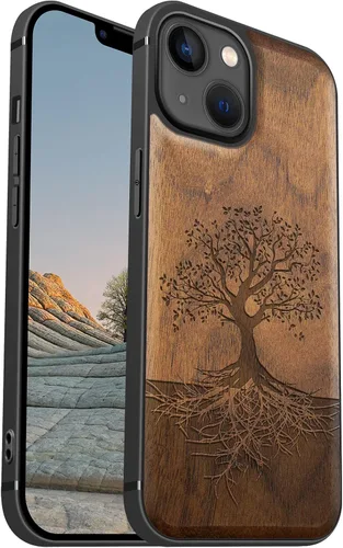 Vista 18 de Carveit Funda magnética de madera para iPhone 13 [madera real dura y TPU suave negro] funda protectora de madera única y elegante a prueba de golpes