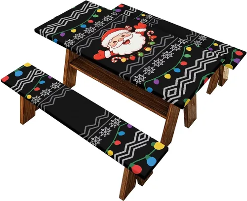 Vista 10 de Juego de 3 calcetines de árbol de Navidad de dibujos animados y galletas, funda de mesa de picnic ajustable con funda de banco, manteles Calcetines