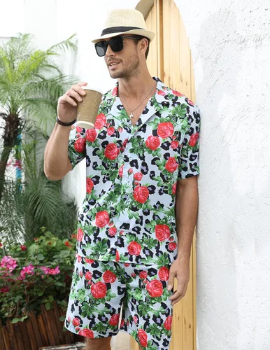 Vista 4 de LUCKYOUNG Conjunto de camisa hawaiana y pantalón corto para hombre, 2 piezas, camisa de manga corta con botones, trajes de vacaciones en la playa