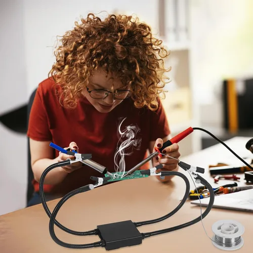 Vista 6 de Helping Hands - Herramienta de tercera mano para soldar con base de aluminio, 4 brazos de metal flexibles y clips de cocodrilo, herramienta