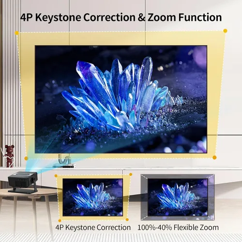 Vista 4 de Mini proyector 4K compatible con WiFi 6 y Bluetooth 5.0, altavoz de 4 W, Keystone vertical automático proyector portátil giratorio de 45°