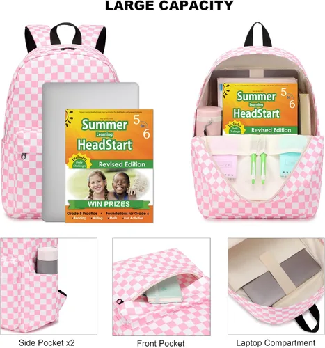 Vista 2 de Dezcrab Mochila para niñas, niños, mochila escolar para adolescentes, mujeres, universidad, mochila casual, Rosa a cuadros., Mochilas de viaje