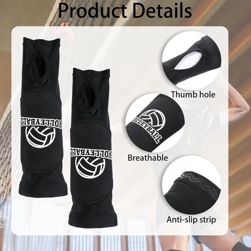 Vista 3 de Protector de muñeca de voleibol negro, 2 fundas de antebrazo de brazo de voleibol de 12 pulgadas con almohadillas protectoras de espuma y orificio