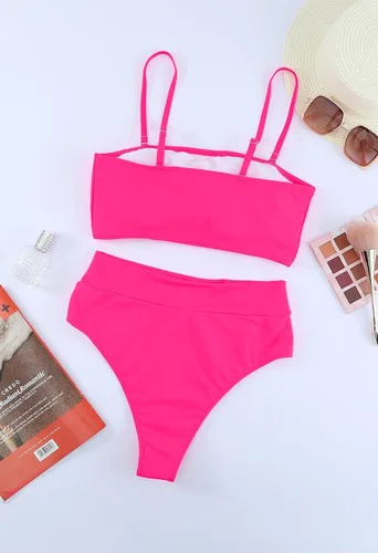 Vista 5 de Pink Queen - Traje de baño de dos piezas para mujer, de talle alto, atrevido, con tirantes y relleno removible para el busto