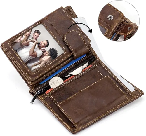 Vista 4 de HAWEE Cartera triple de cuero de vacuno con bloqueo RFID para hombres 10 ranuras para tarjetas 2 ventanas de identificación con bolsillo