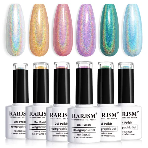 Vista 14 de RARJSM Juego de esmaltes de gel holográfico, color verde turquesa, kit de esmalte de uñas de gel con purpurina, colección de verano, 6