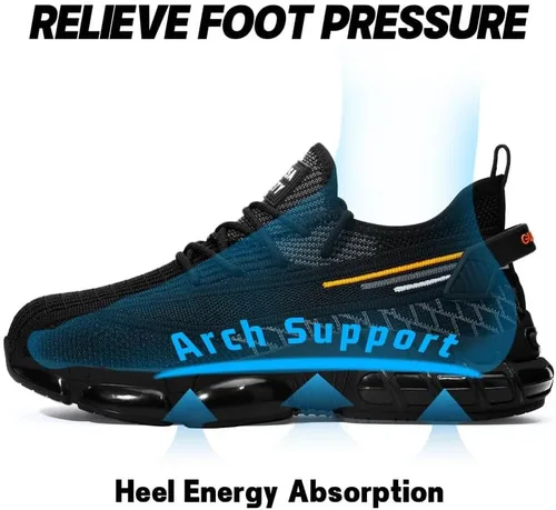 Vista 5 de BAIYIJIA Zapatos de punta de acero para hombre, zapatos de trabajo antideslizantes para construcción con amortiguación de aire, zapatos