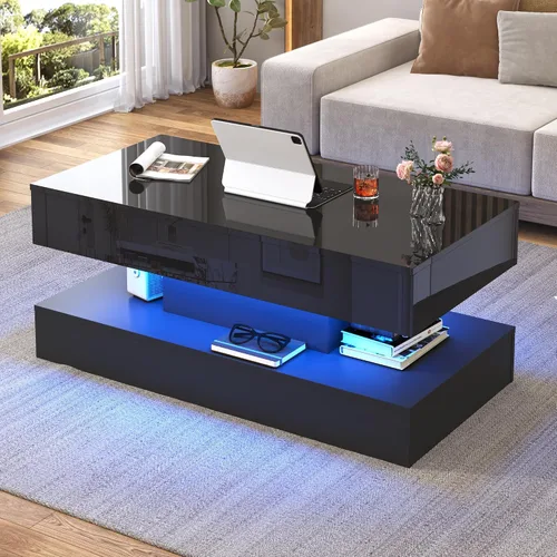 Vista 4 de 39.4" Mesa de café grande con tapa elevable, modernas mesas de café LED de alto brillo para sala de estar con almacenamiento, mesas de salón negras