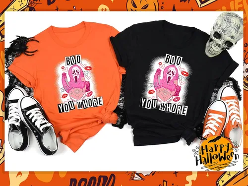 Vista 2 de HONHUY GOODS Boo You Whore Divertido disfraz de Halloween Ghos.t.Face, camiseta con capucha, manga larga, sudadera, camisetas sin mangas, Opción, S