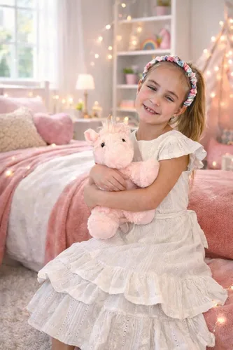 Vista 6 de Peluche de unicornio rosa, unicornio de felpa esponjoso de 10 pulgadas con cuerno dorado brillante para niñas