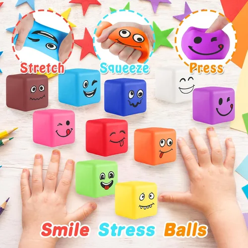 Vista 4 de Pelotas antiestrés para niños: mini bola de estrés con cara sonriente, paquete de 24, juguetes elásticos para aliviar la ansiedad y el estrés