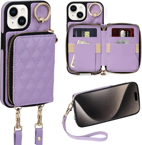 Vista 21 de Funda para iPhone 12 Pro/iPhone 12 de 6.1 pulgadas, cartera cruzada con cremallera para mujer, tarjetero con bloqueo RFID, funda de cuero con Negro