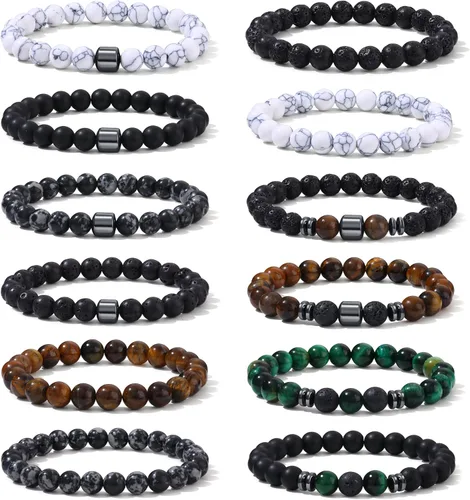 Vista 7 de SAMOCO 12 piezas de pulseras de ojo de tigre para hombres, piedra natural, cuentas de 8 mm, juego de pulseras elásticas ajustables de roca de lava