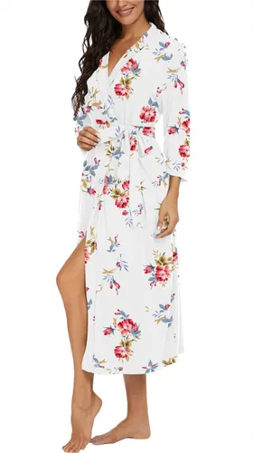 Vista 4 de VINTATRE Bata tipo kimono para mujer, bata larga de punto, ligera, suave, ropa de dormir con cuello en V, casual, ropa de descanso para mujer