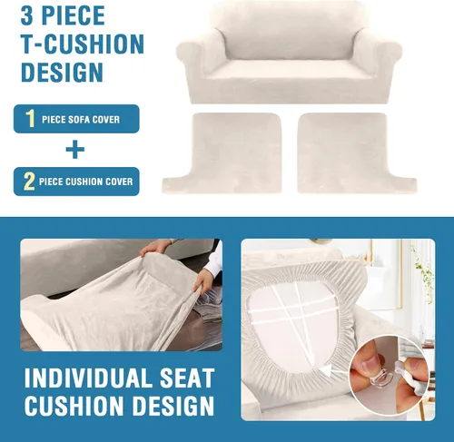 Vista 4 de H.VERSAILTEX Funda para sofá de 3 piezas, fundas para sofá con cojines en forma de T, funda para sofá de terciopelo grueso, protector de muebles