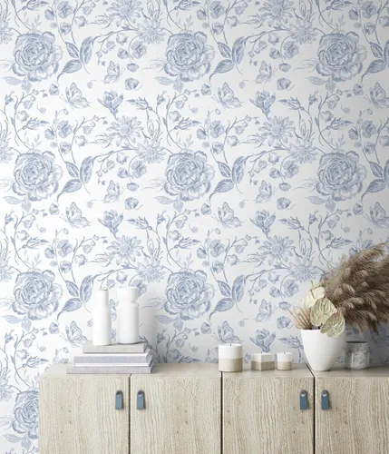 Vista 5 de Papel tapiz azul para despegar y pegar, papel de pared floral bordado bohemio, papel de contacto para dormitorio, baño, papel tapiz azul marino