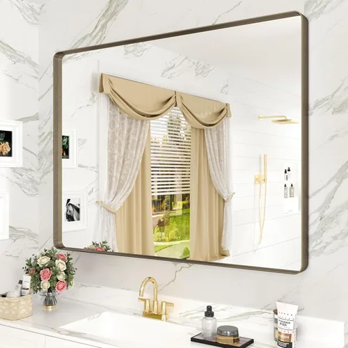 Vista 39 de Paquete de 2 espejos de baño con marco de metal negro de 22 x 30 pulgadas, espejo rectangular redondeado negro mate, antioxidante, se cuelga