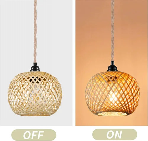 Vista 2 de Lámpara colgante de mimbre con enchufe bohemio 15ft Hemp Rope Cord, MINI Bamboo Lampshade, Wall Lighting Swag Lamp, for Kitchen Island Farmhouse