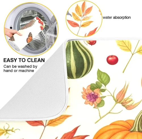 Vista 2 de Tapete de secado de platos de calabaza de otoño con girasol para encimera de cocina, absorbente, almohadilla de microfibra para secar platos