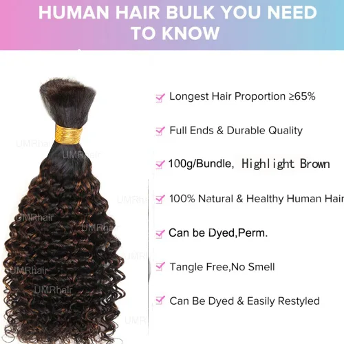 Vista 2 de Cabello humano rizado con reflejos marrones a granel para trenzar microtrenzas, cabello humano a granel, húmedo y ondulado, sin trama, cabello