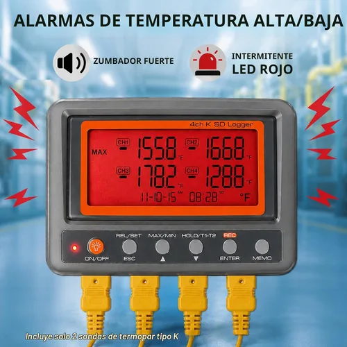 Vista 6 de Registrador de datos de termopar de 4 canales -328 ~ 2498 ° F, registrador de datos de temperatura con tarjeta SD de 8 GB, registro automático