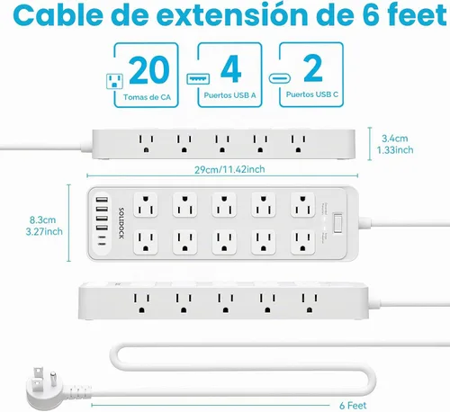Vista 8 de Regleta de alimentación con enchufe plano, protector contra sobretensiones con 20 tomas de corriente AC y 6 puertos USB de carga, 1875 W/15 A, 2700
