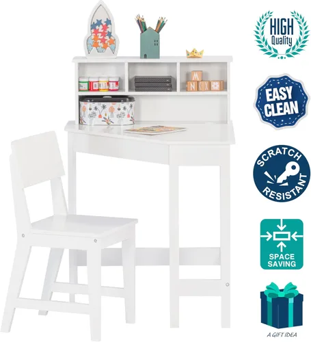 Vista 4 de UTEX Escritorio para niños, juego de escritorio de esquina y silla, mesa de estudio para niños con almacenamiento y gabinete para uso escolar