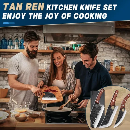 Vista 7 de TAN REN Juego de 3 Cuchillos de Carnicero para Cortar Carne, Cuchillos Cuchillas de Carnicero Forjados a Mano con Mango de Madera, Juego de Juego