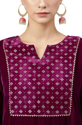 Vista 8 de Janasya Indian - Kurta de terciopelo morado con pantalón y Dupatta para mujer