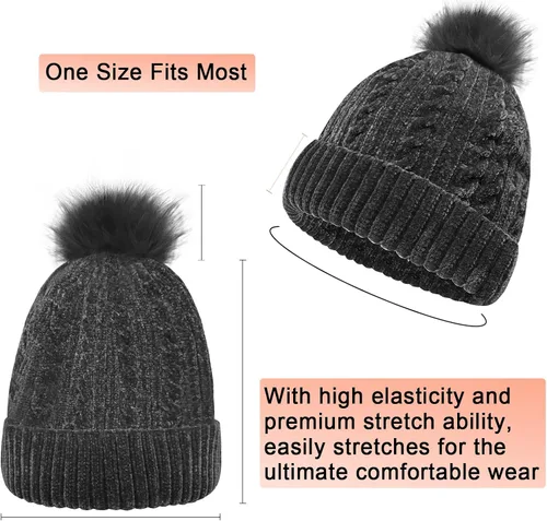 Vista 7 de KIDPAPA Gorro de invierno para mujer con forro polar suave cálido gorro de punto con pompón