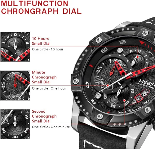Vista 4 de MEGIR Reloj analógico de cuarzo para hombre con correa de cuero de cara grande para deportes 2130
