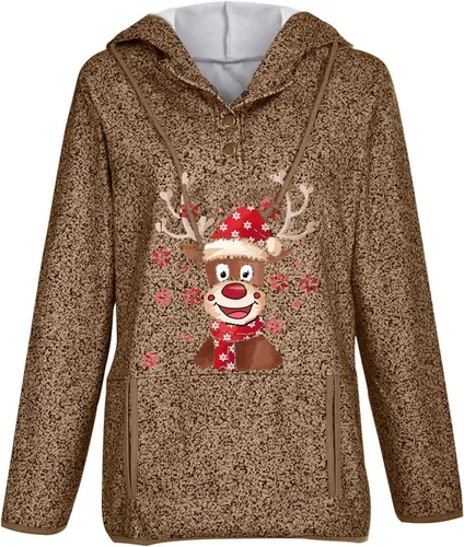 Vista 3 de Ugly Christmas 14 Button Down Hoodies Cute Reindeer Graphic Print Pullover Casual Loose Fit Zip Pocket Sweatshirt