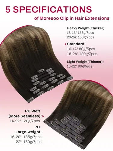 Vista 9 de Moresoo Extensiones de cabello humano con clip, balayage, color marrón oscuro a marrón dorado con clip, extensiones de cabello humano con clip, 5
